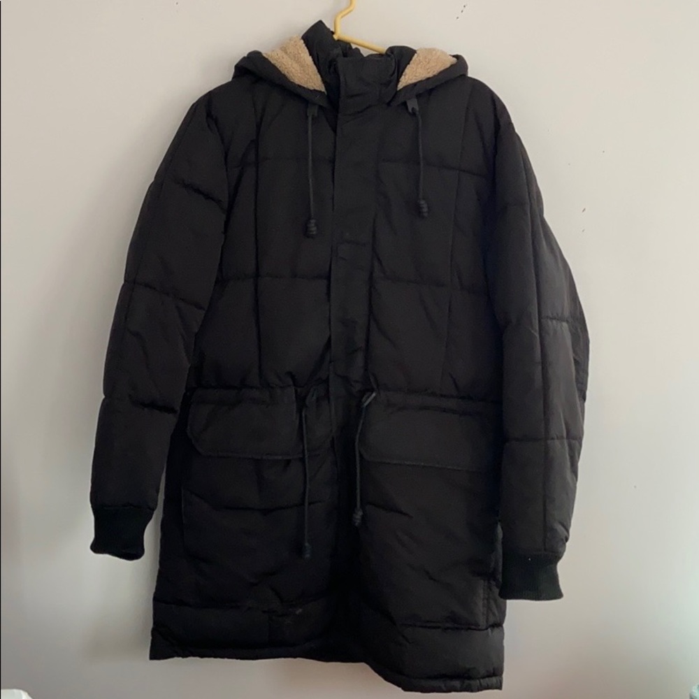 Zara black coat with Sherpa lined hood